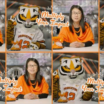 Deb Yu and the Tiger mascot chatting about Annual Giving