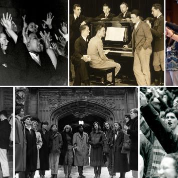 A montage of six archival photos showing students and alumni singing Old Nassau