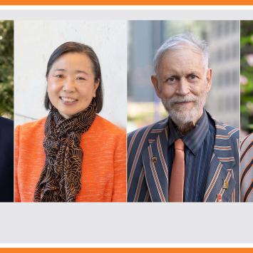 Four individual portraits of Princeton alumni, male, female, male, male. 