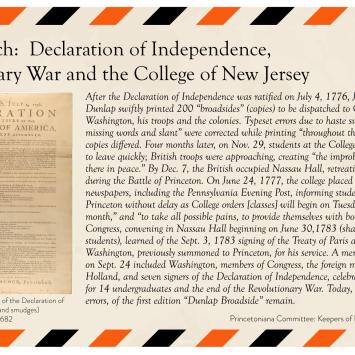 An old-fashioned postcard with text and a photo of the original Declaration of Independence 