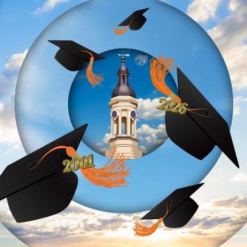 An illustration of the Nassau Hall bell tower surrounded by flying graduation caps