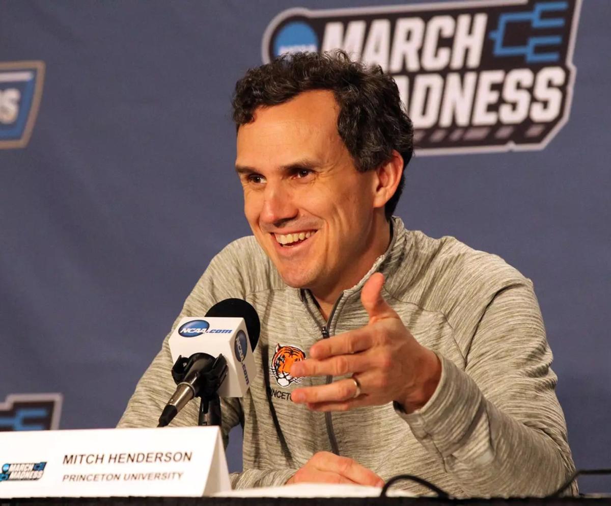 Mitch Henderson meets the media after his team's victory in the 2023 NCAA Tournament