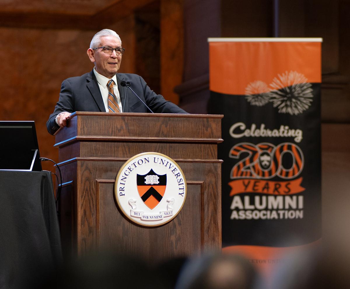 Kevin Gover speaks at the podium during Alumni Day
