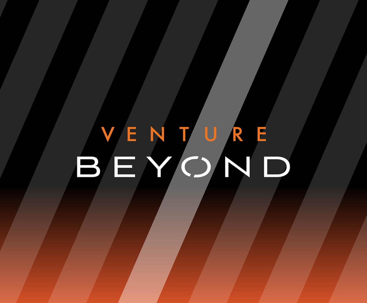 The words Venture Beyond and a striped pattern in the background