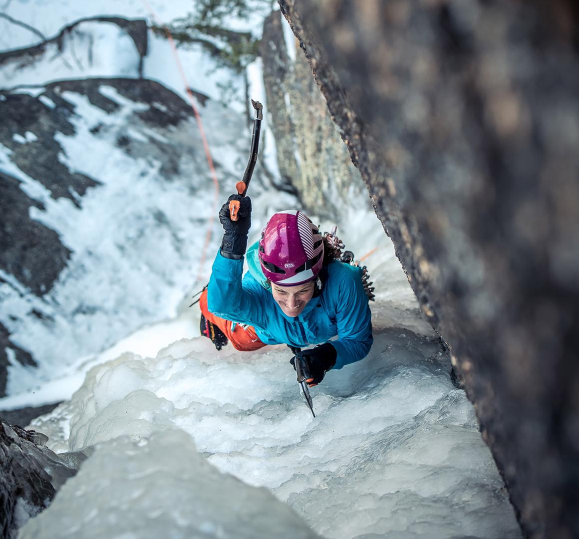 Majka Burhardt scaling an icy cliff