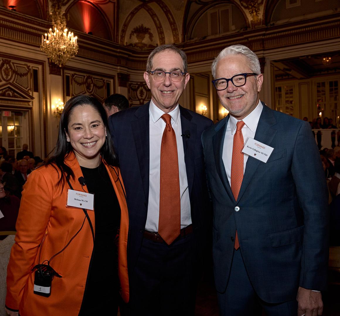 Melissa Wu, President Eisgruber and Kevin Callaghan pose together at the Boston event.