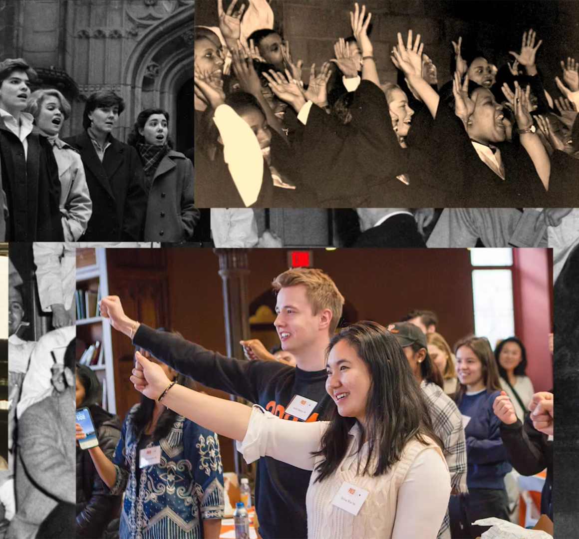 A collage of archival photos showing Princeton students singing Old Nassau.