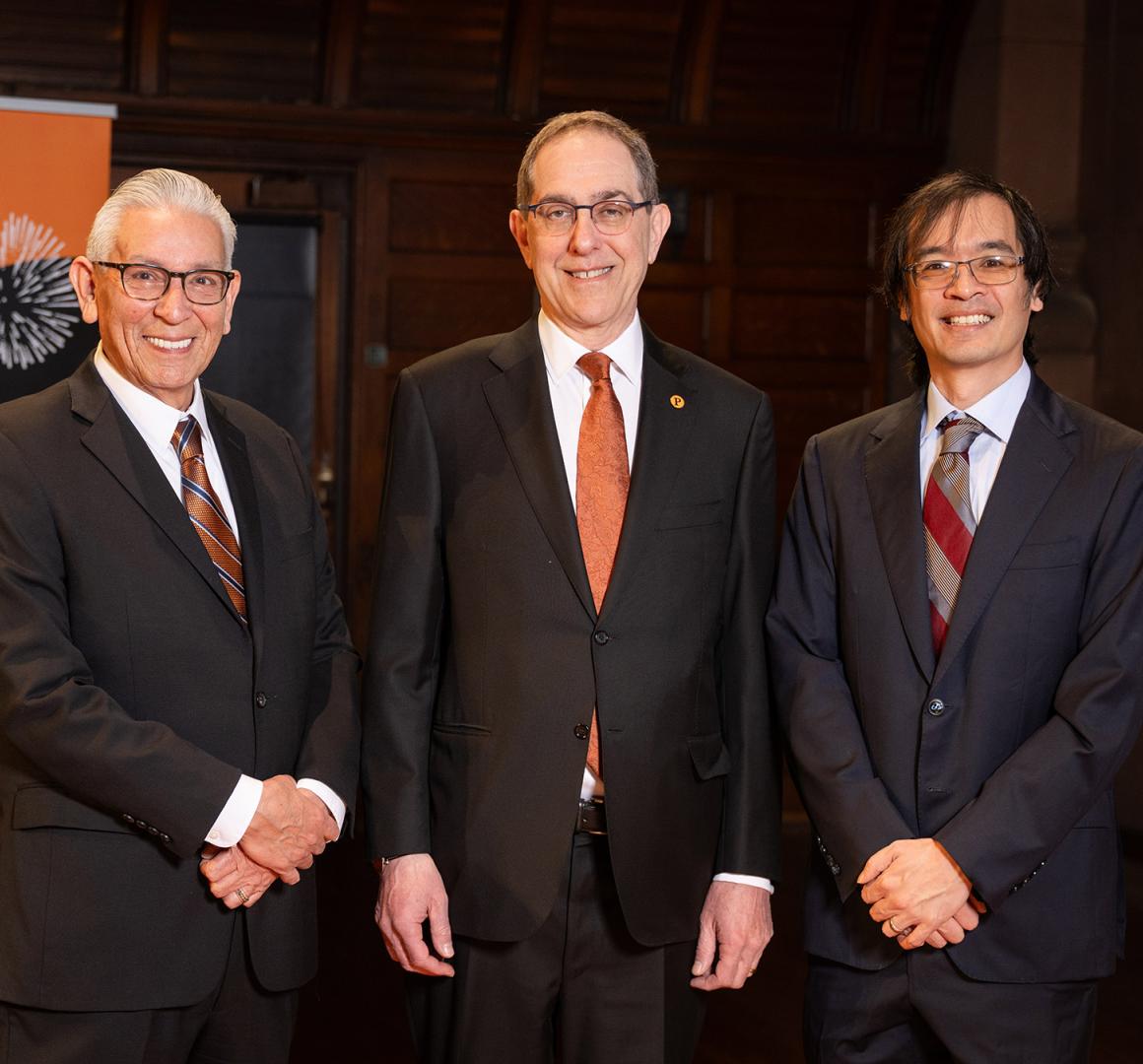 Kevin Gover, President Eisgruber and Terence Tao pose side0by-side in Richardson Auditorium.
