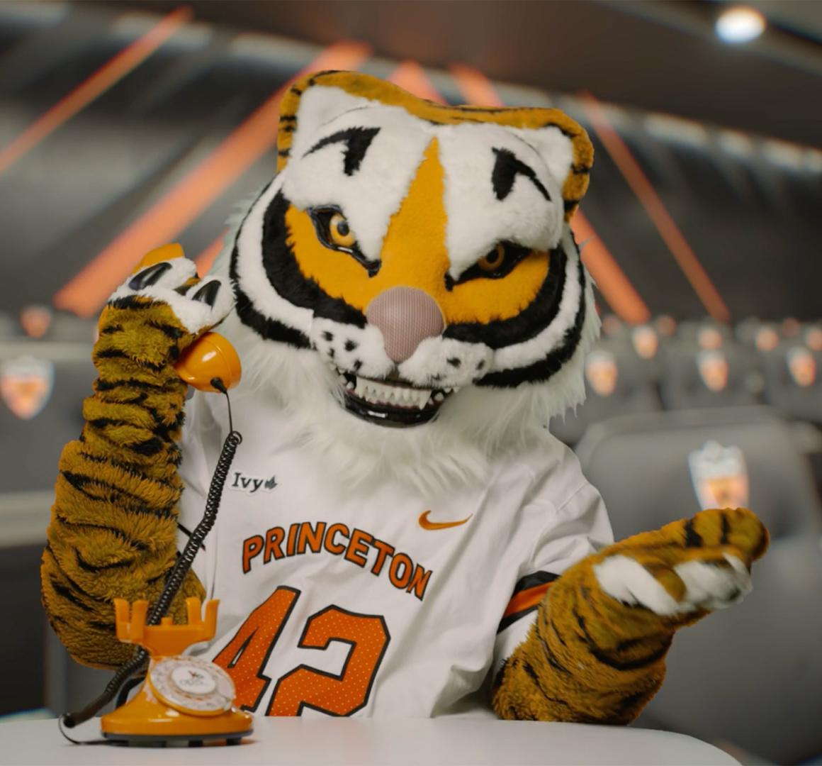 Tiger mascot holding an orange phone to his ear. 