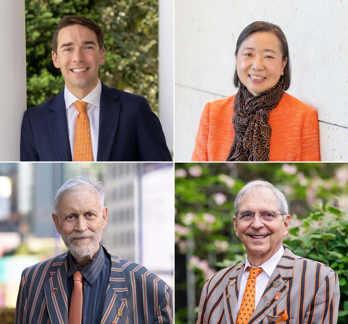 A quadrant collage of four alumni wearing dapper orange and black