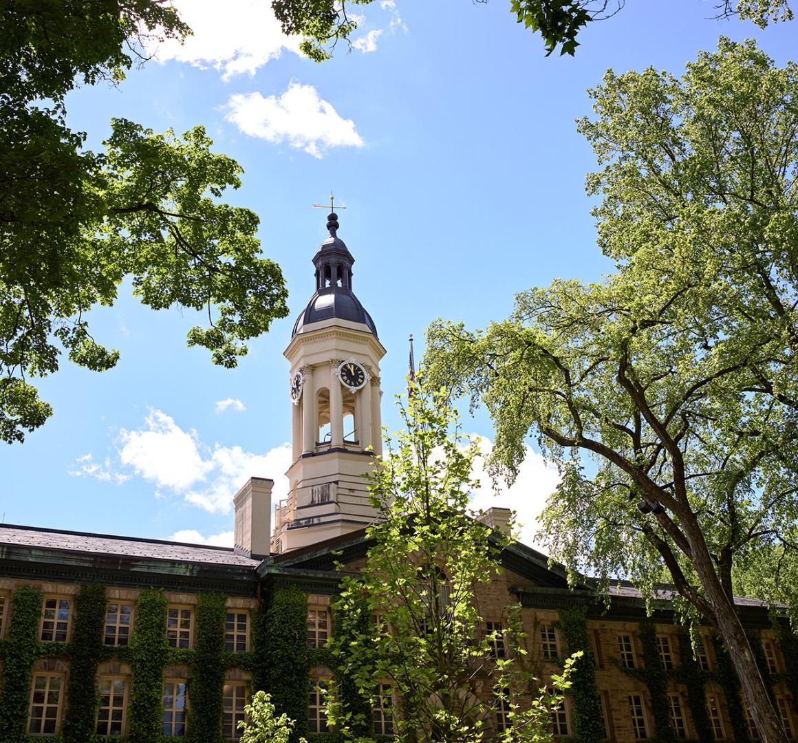 Nassau Hall, with the cuppola framed by blue sky