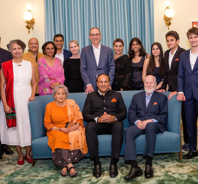 Sumir Chadha, his parents and extended family, seated with Princeton administrators during a gathering to celebrate his gift of an endowed professorship