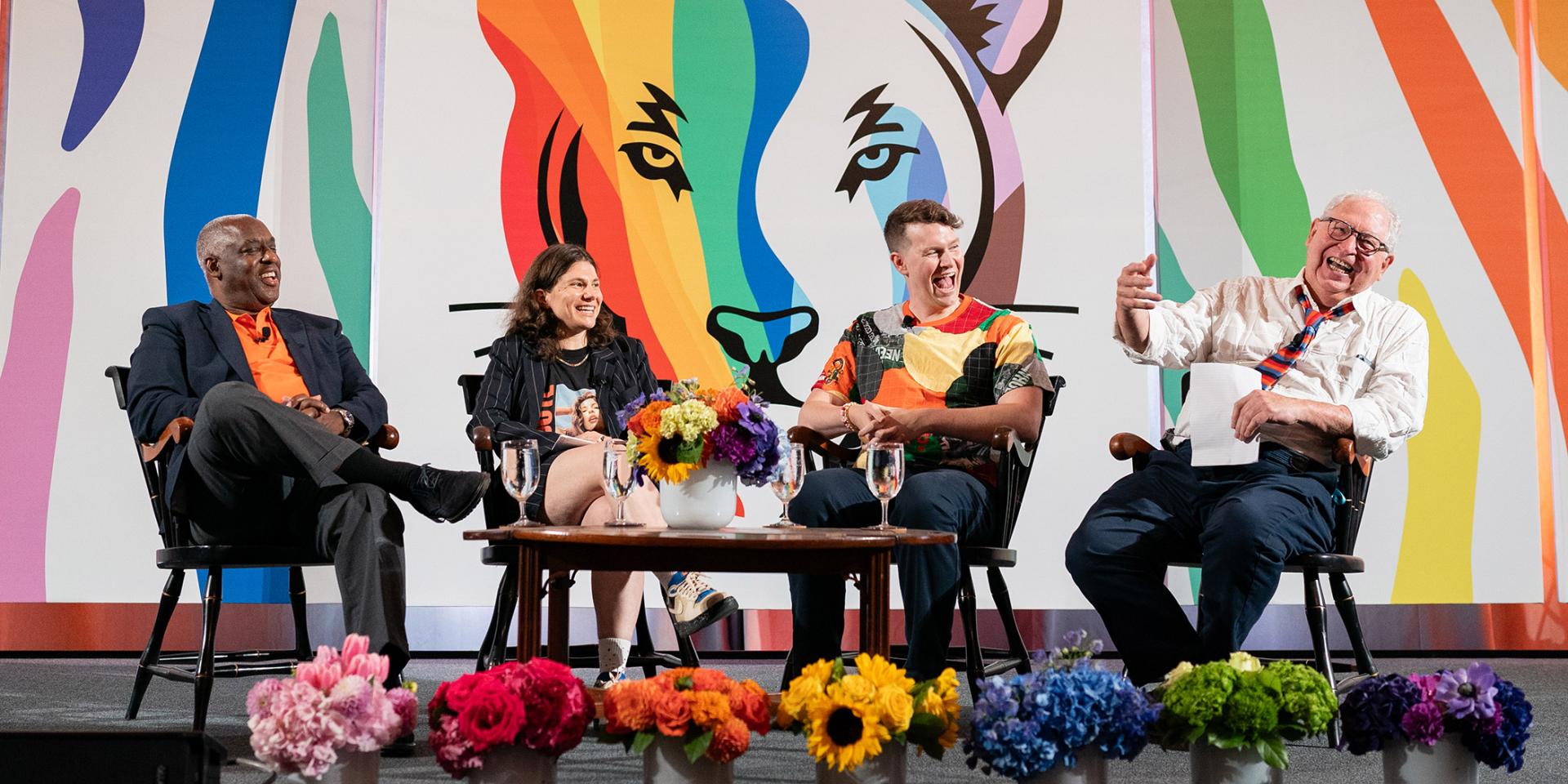 James Blue ’91, Azza Cohen ’16, Zach Zimmerman ’10 and Michael Cadden at the “Exploring LGBTQ+ Voices in Entertainment” panel on Saturday night