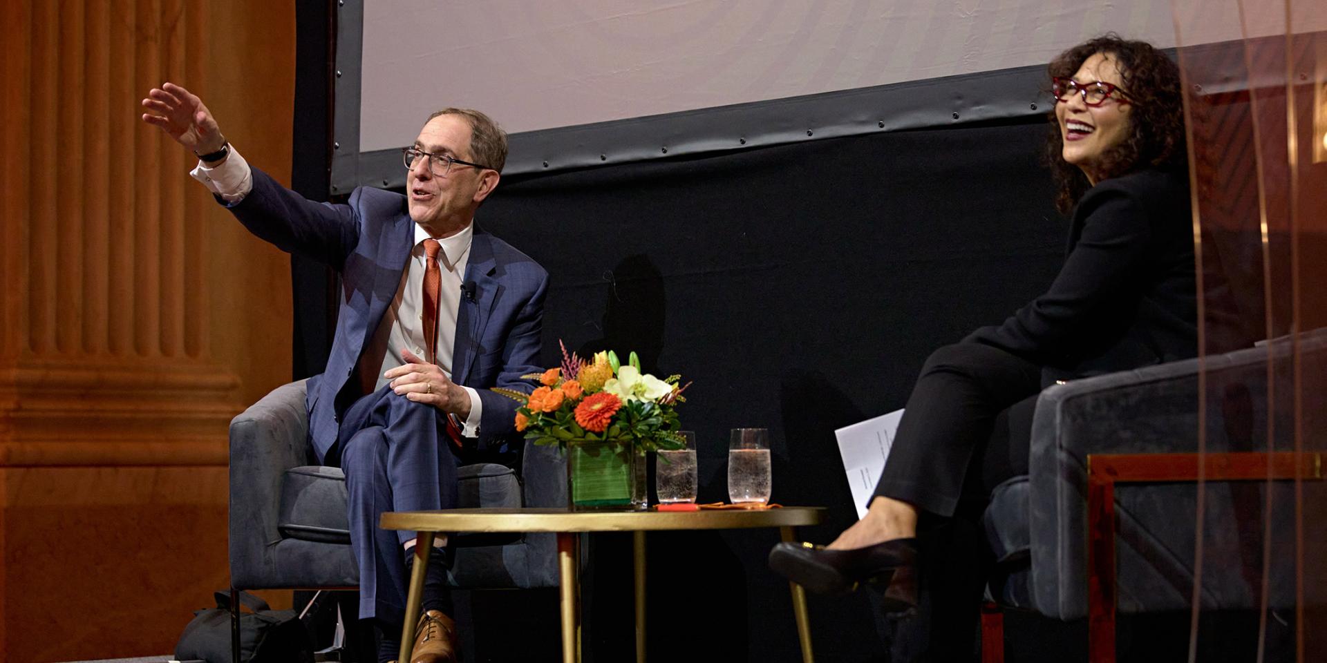 President Eisgruber and Lisa Washington speak on stage at the Franklin Institute.