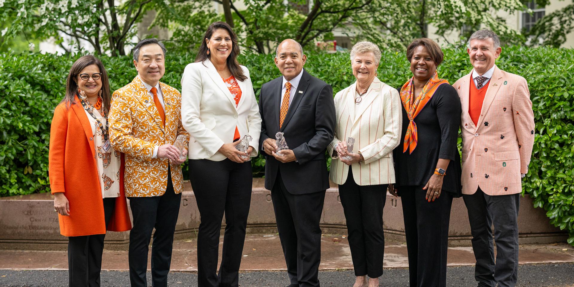 A group portrait of the 2025 Awards for Service to Princeton honorees, alongside Monica Moore Thompson, Ryan Ruskin and Arati Johnston