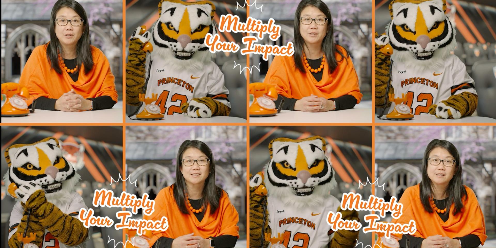 Deb Yu and the Tiger mascot chatting about Annual Giving