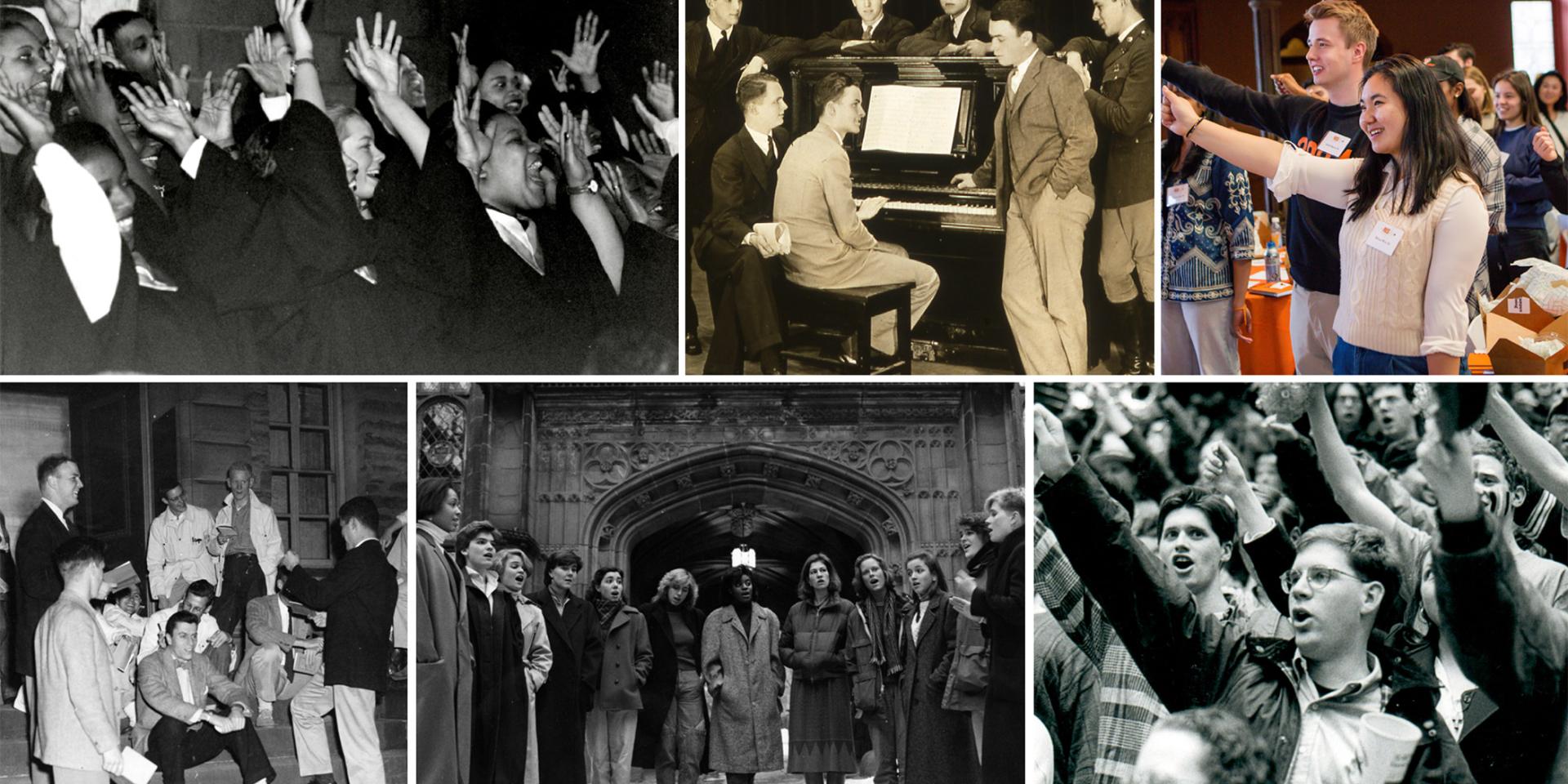 A montage of six archival photos showing students and alumni singing Old Nassau