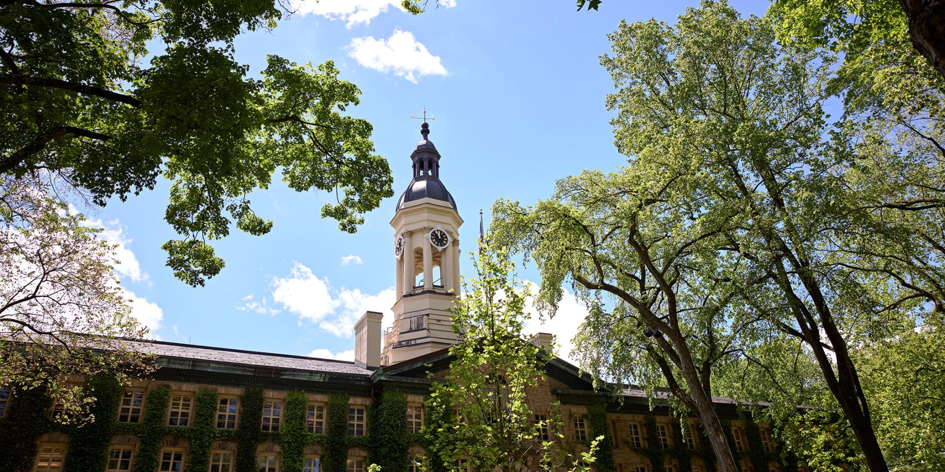 Nassau Hall, with the cuppola framed by blue sky
