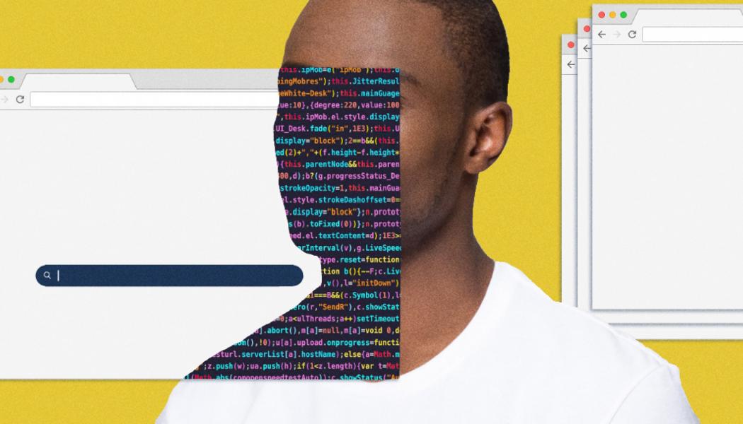 Man's face covered in computer science code