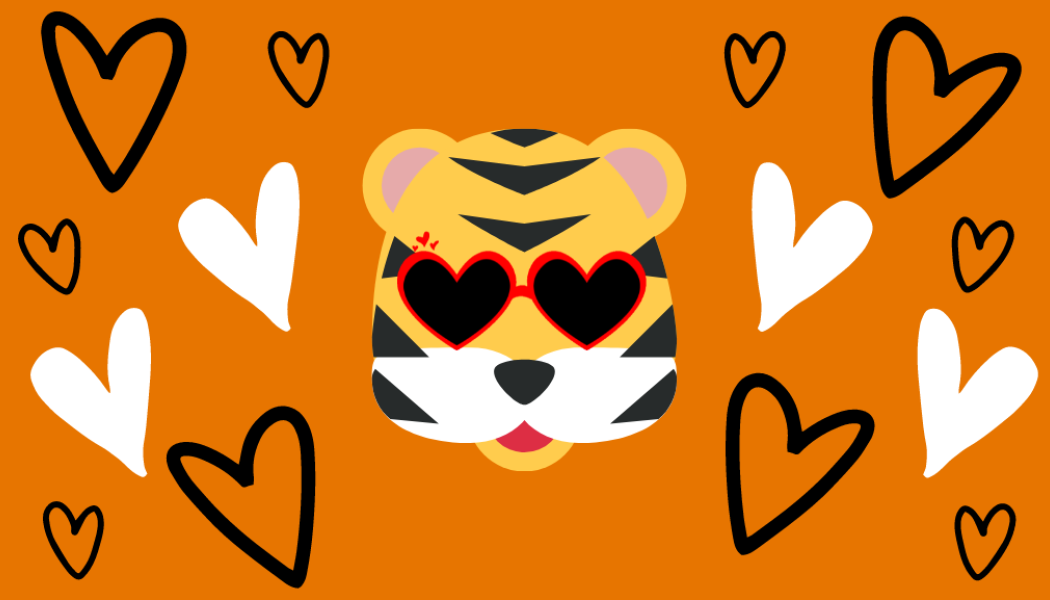 Cartoon tiger surrounded by hearts