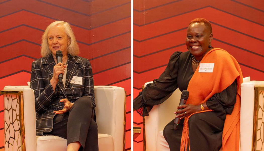 Split images of Meg Whitman and Winnie Kiiru on stage in Nairobi