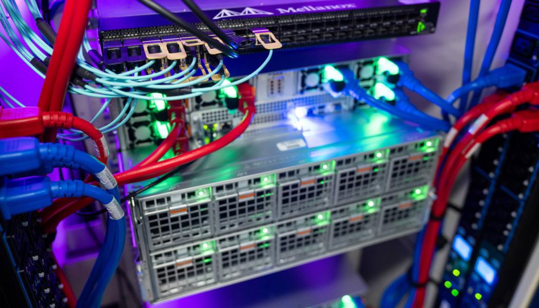 Wires and bright lights that are part of the AI data storage infrastructure