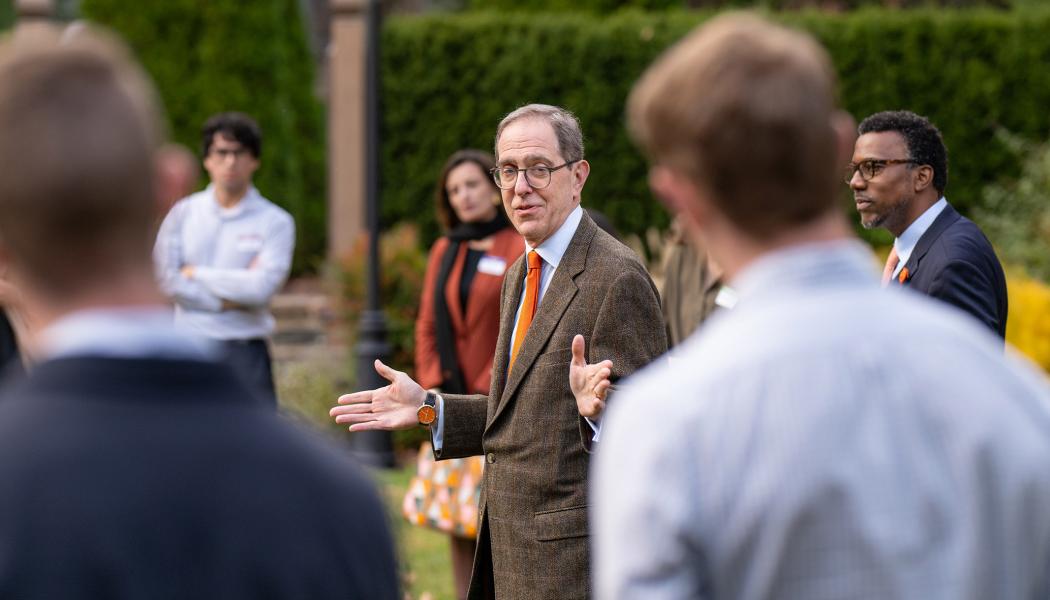 President Christopher L. Eisgruber speaks to graduate students during a reception last fall. In his 2025 State of the University letter, Eisgruber expressed the University’s commitment to ensuring that all Princetonians flourish and feel welcome on campus.
