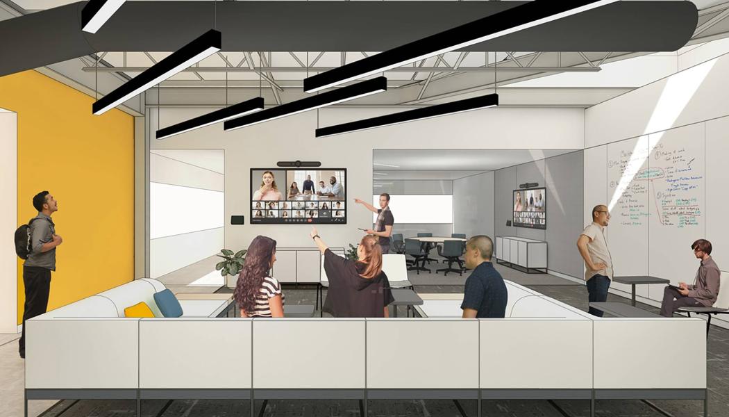An artist rendering of the lobby of the AI HUb, with students seated on stylish white sofas.