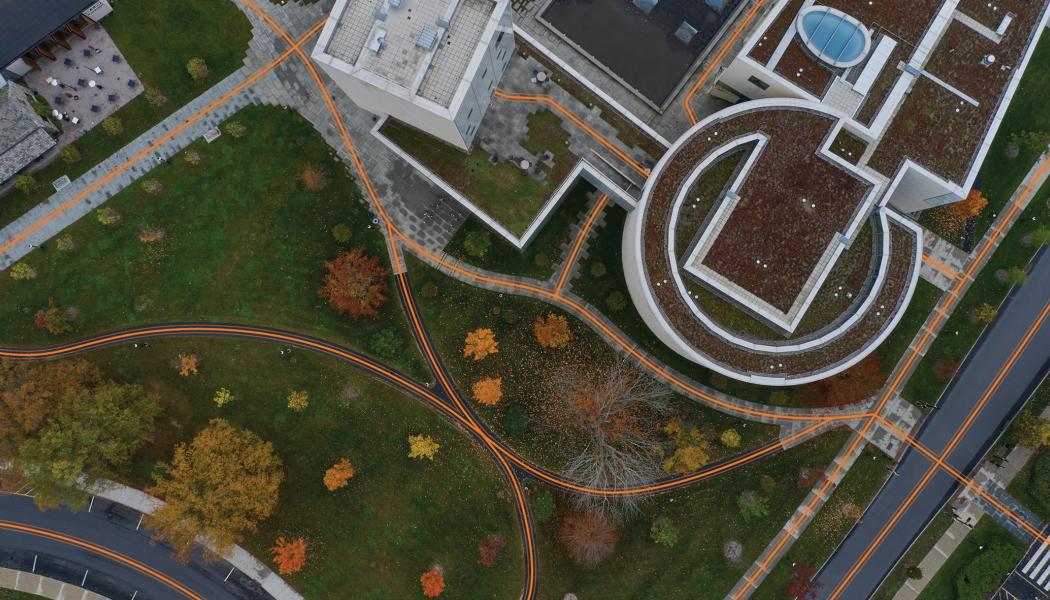 An overhead of the Lewis Center, with orange lines highlighting the many pathways