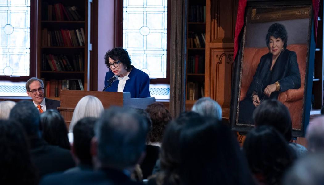 President Christopher L. Eisgruber listens as Justice Sotomayor addresses the audience at the April 11 ceremony.