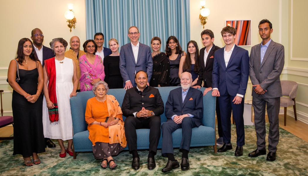 Sumir Chadha, his parents and extended family, seated with Princeton administrators during a gathering to celebrate his gift of an endowed professorship