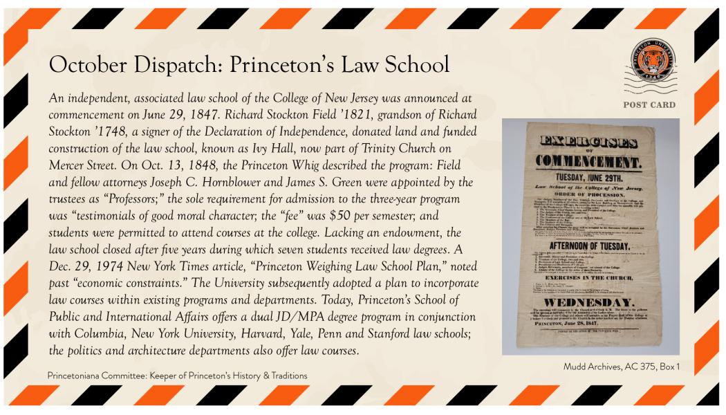 Postcard with historical information about Princeton's Law School, featuring an old document and descriptive text framed by orange and black stripes.