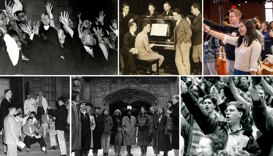 A montage of six archival photos showing students and alumni singing Old Nassau