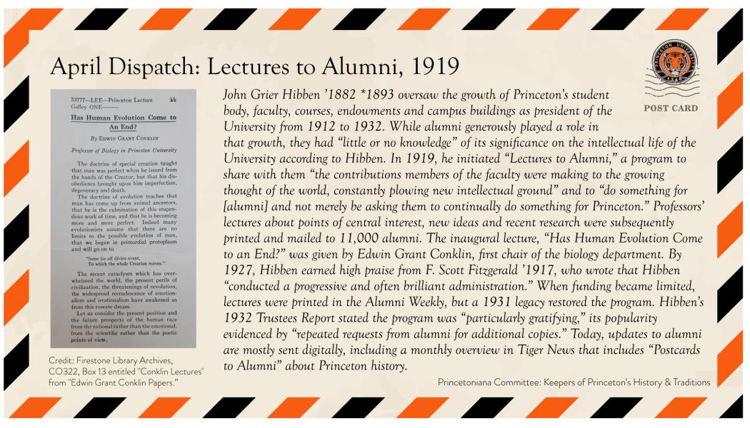 April postcard on Lectures to Alumni, 1919