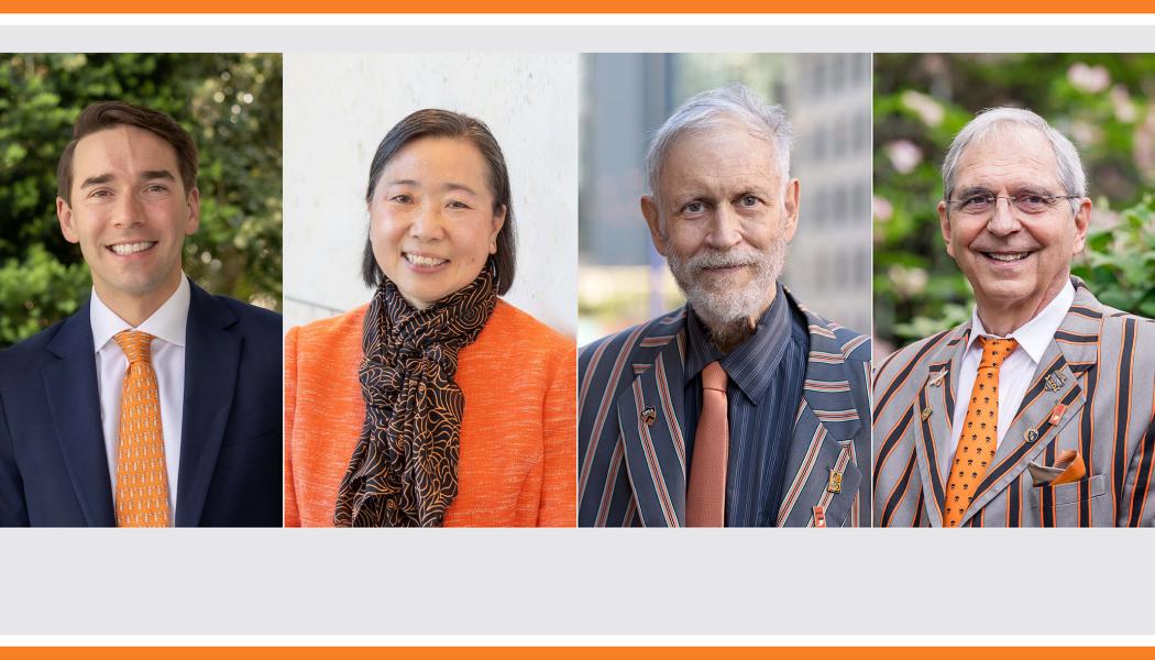 Four individual portraits of Princeton alumni, male, female, male, male. 