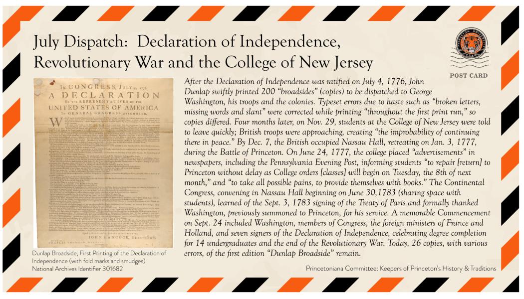 An old-fashioned postcard with text and a photo of the original Declaration of Independence 