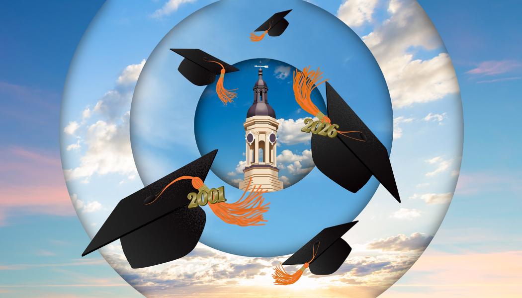 An illustration of the Nassau Hall bell tower surrounded by flying graduation caps