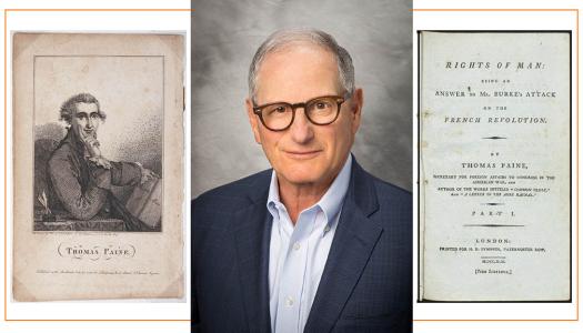 A portrait of Sid Lapidus '59 alongside an illo of Thomas Paine and a page from The Rights of Man