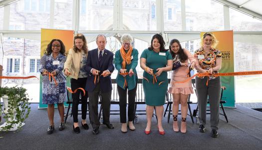 bogle hall Emma Bloomberg, a 2001 Princeton graduate and founder and CEO of Murmuration; Michael R. Bloomberg, founder of Bloomberg Philanthropies and Bloomberg LP and 108th mayor of New York City; Jill Dolan, dean of the college, Khristina Gonzalez, director of the EBC; and students Kaelani Burja, Alison Parish and Hannah Faughnan.