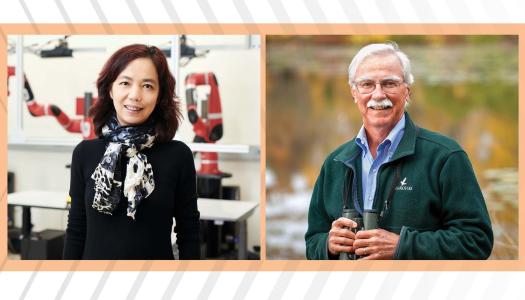 Dual side-by-side portraits of Fei-Fei Li and John Fitzpatrick
