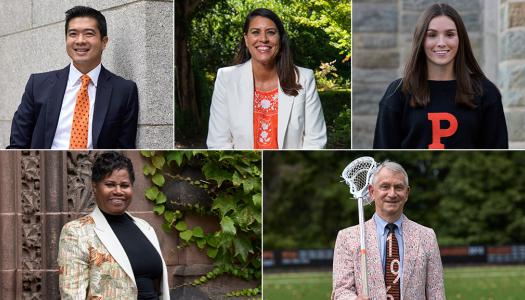 A collage of portraits of Princeton alumni dressed in orange and black.