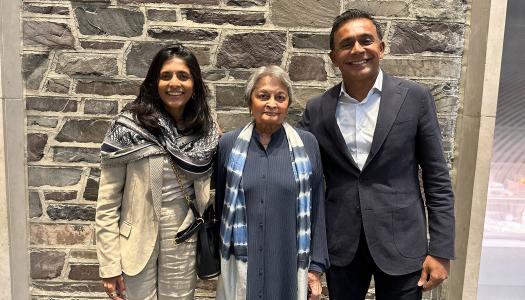 Shanthi Kandiah, Vidya Dehejia and Brahmal Vasudevan pose at the announcement of the new professorship.