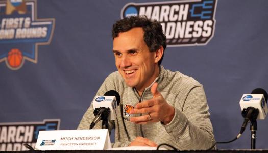 Mitch Henderson meets the media after his team's victory in the 2023 NCAA Tournament