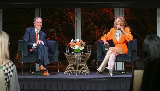 President Eisgruber and Kwanza Jones on stage together in Los Angeles