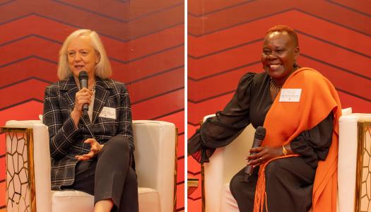 Split images of Meg Whitman and Winnie Kiiru on stage in Nairobi