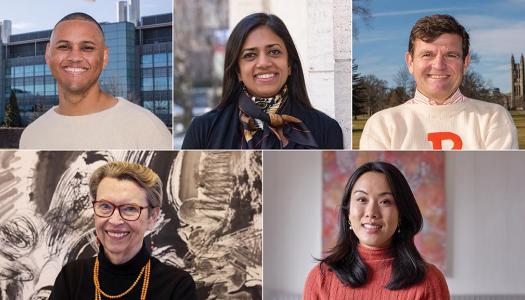 Five photos show faces of five smiling alumni