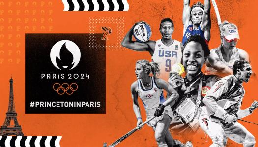 A bright orange collage of Princeton's Olympians with text that reads Paris 2024