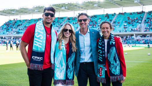 KC Current owners Patrick Mahomes, Brittany Mahomes, Chris Long, and Angie Long