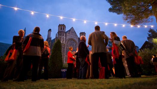 Graduate School alumni mingle near the Graduate School building during the 2013 alumni conference