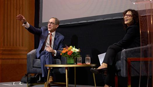 President Eisgruber and Lisa Washington speak on stage at the Franklin Institute.